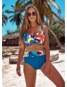Dół od bikini z wysokim stanem - Majorca turkusowy we wzory, krycie brzucha